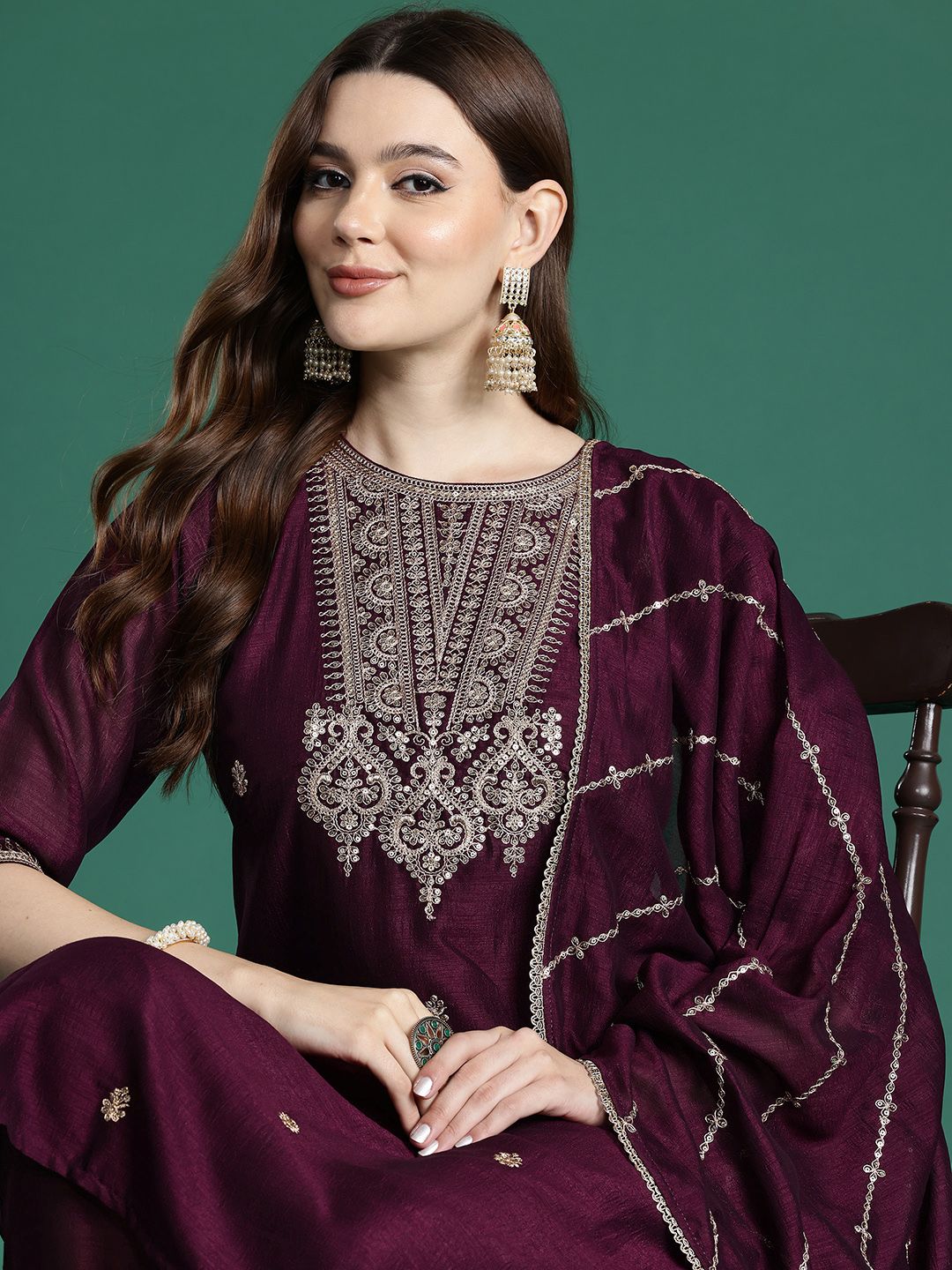 Ethnic Motifs Embroidered Kurta with Trousers & With Dupatta