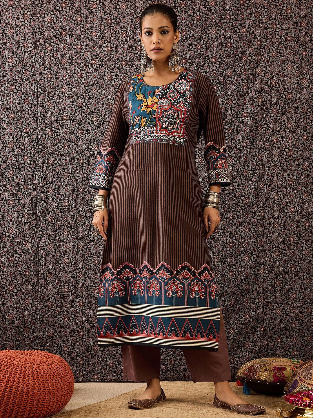 Women Ethnic Motifs Printed Regular Sequinned Pure Cotton Kurta with Trousers & With Dupatta