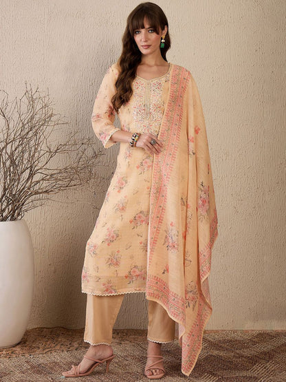 Dhiyona IE Women Floral Embroidered Regular Thread Work Linen Kurta with Trousers & With Dupatta