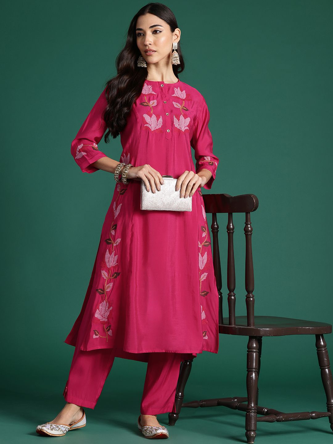 Floral Embroidered Thread Work Pure Cotton Kurta with Trousers