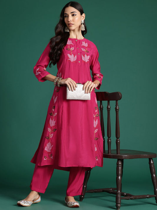 Floral Embroidered Thread Work Pure Cotton Kurta with Trousers