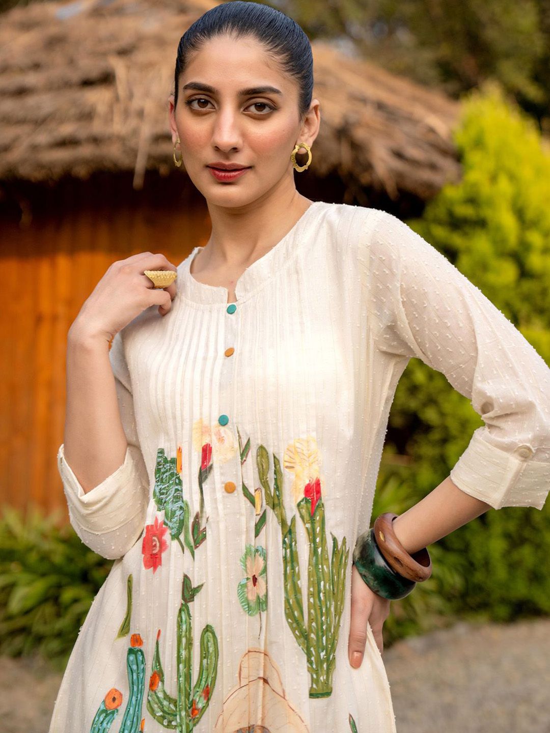 Floral Printed Round Neck A-LIne Pure Cotton Kurta WIth Trousers