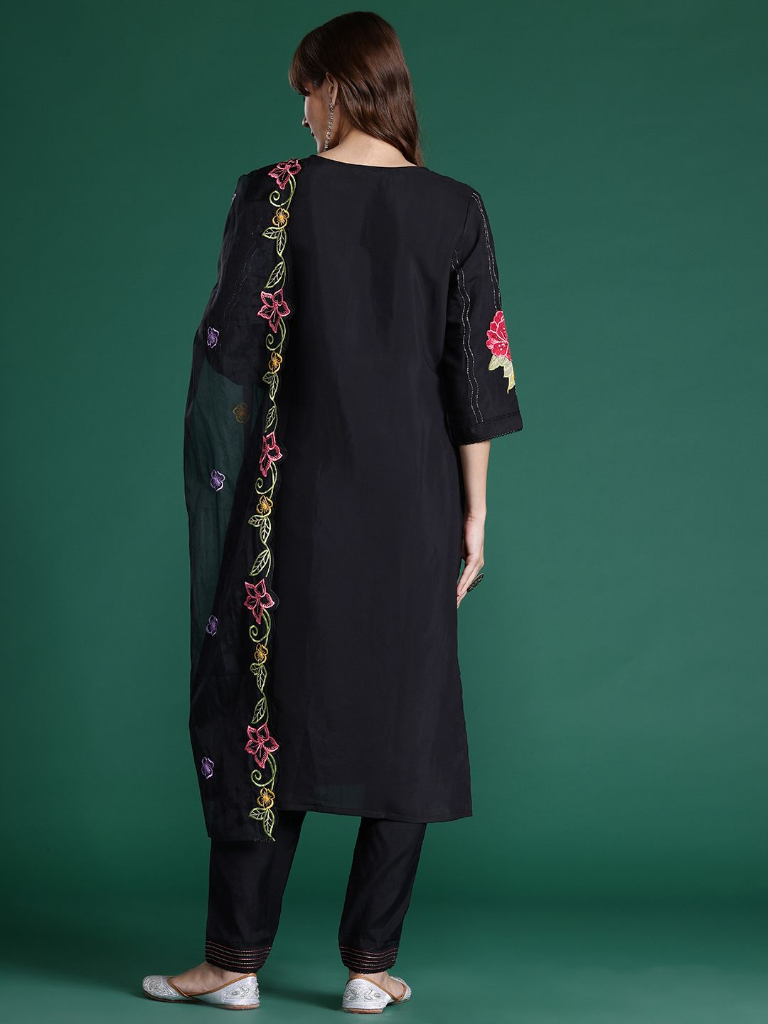 Floral Embroidered Sequinned Kurta With Trousers & Dupatta
