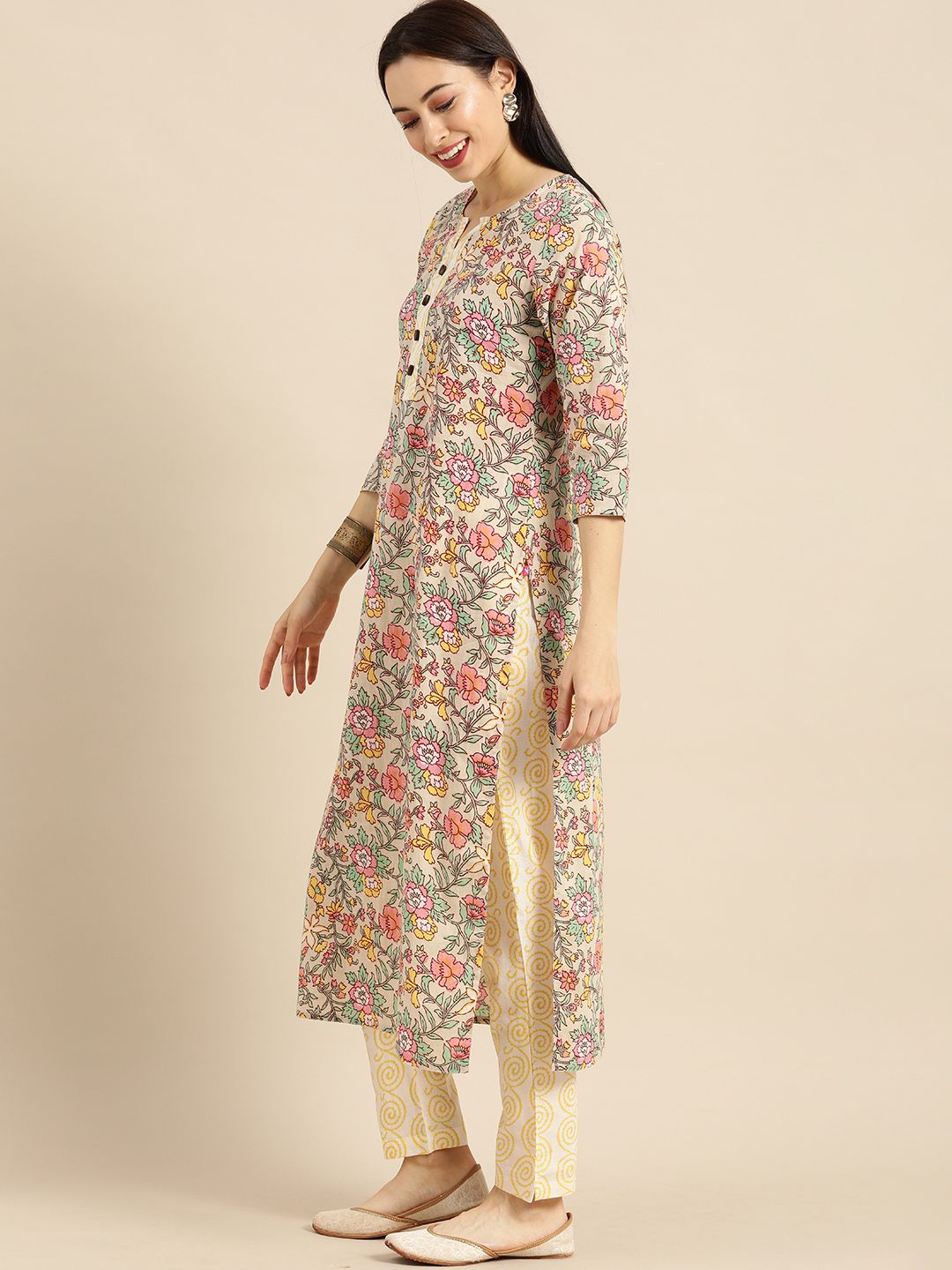 Dhiyona VA Women's Sea Green & Mustard Yellow Printed Kurta with Trousers