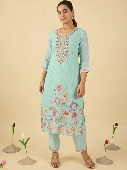 Floral Embroidered Linen Thread Work Straight Kurta & Trousers & Dupatta