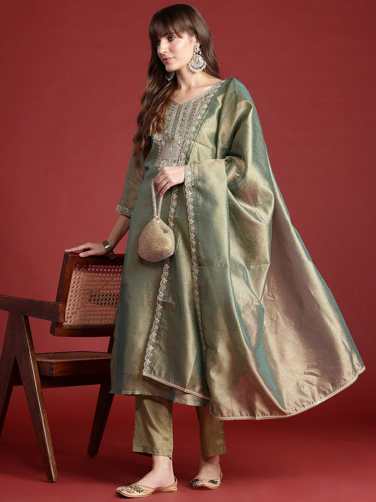 Dhiyona IE Ethnic Motifs Embroidered Sequinned Liva Kurta With Trousers & Dupatta