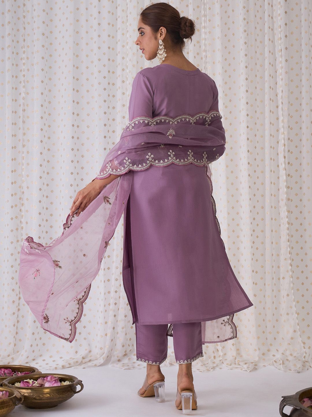 Floral Embroidered Round Neck Thread Work Kurta with Trousers & Dupatta