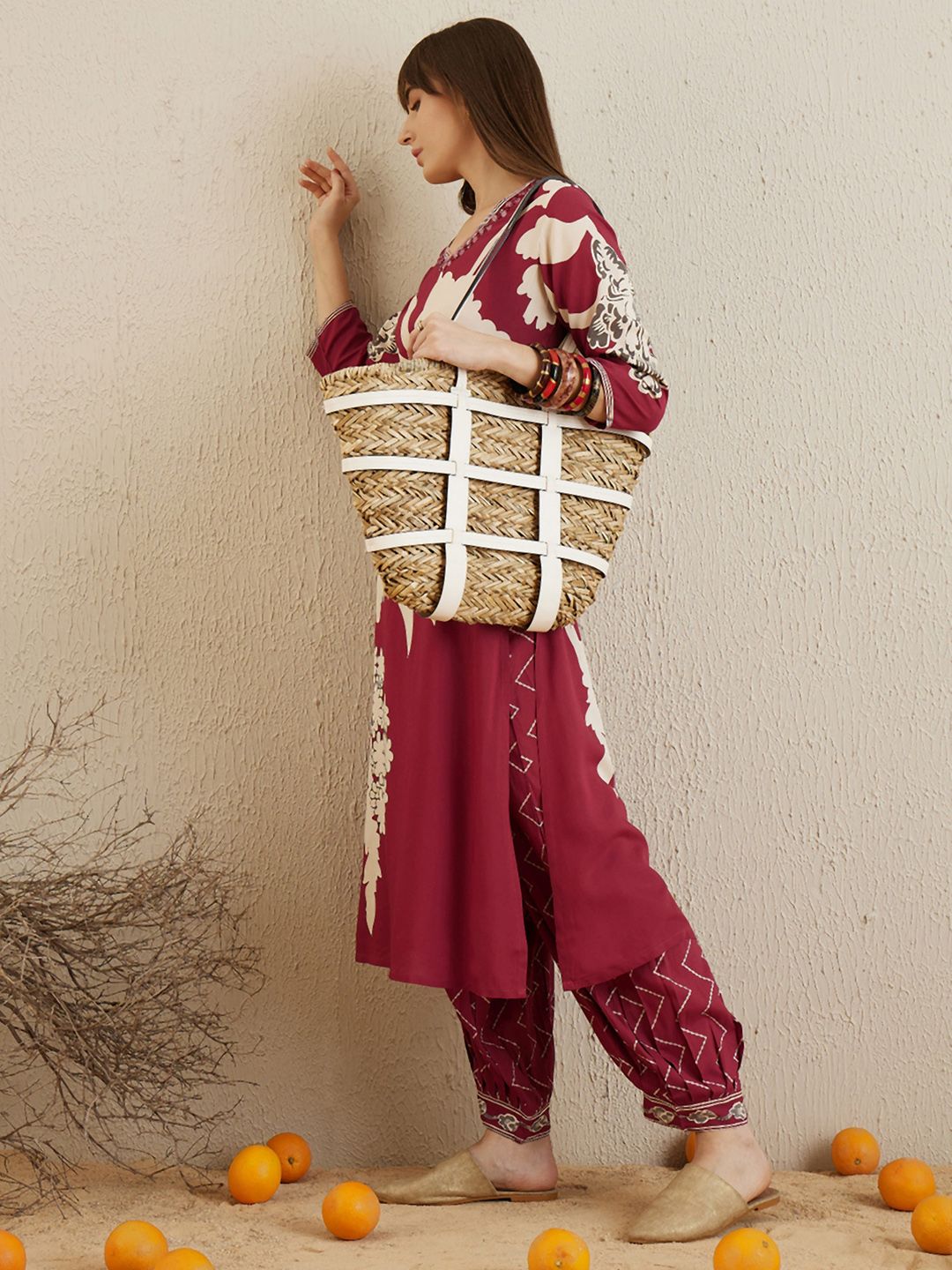 Red Floral Printed Sequinned V-Neck Straight Kurta With Salwar