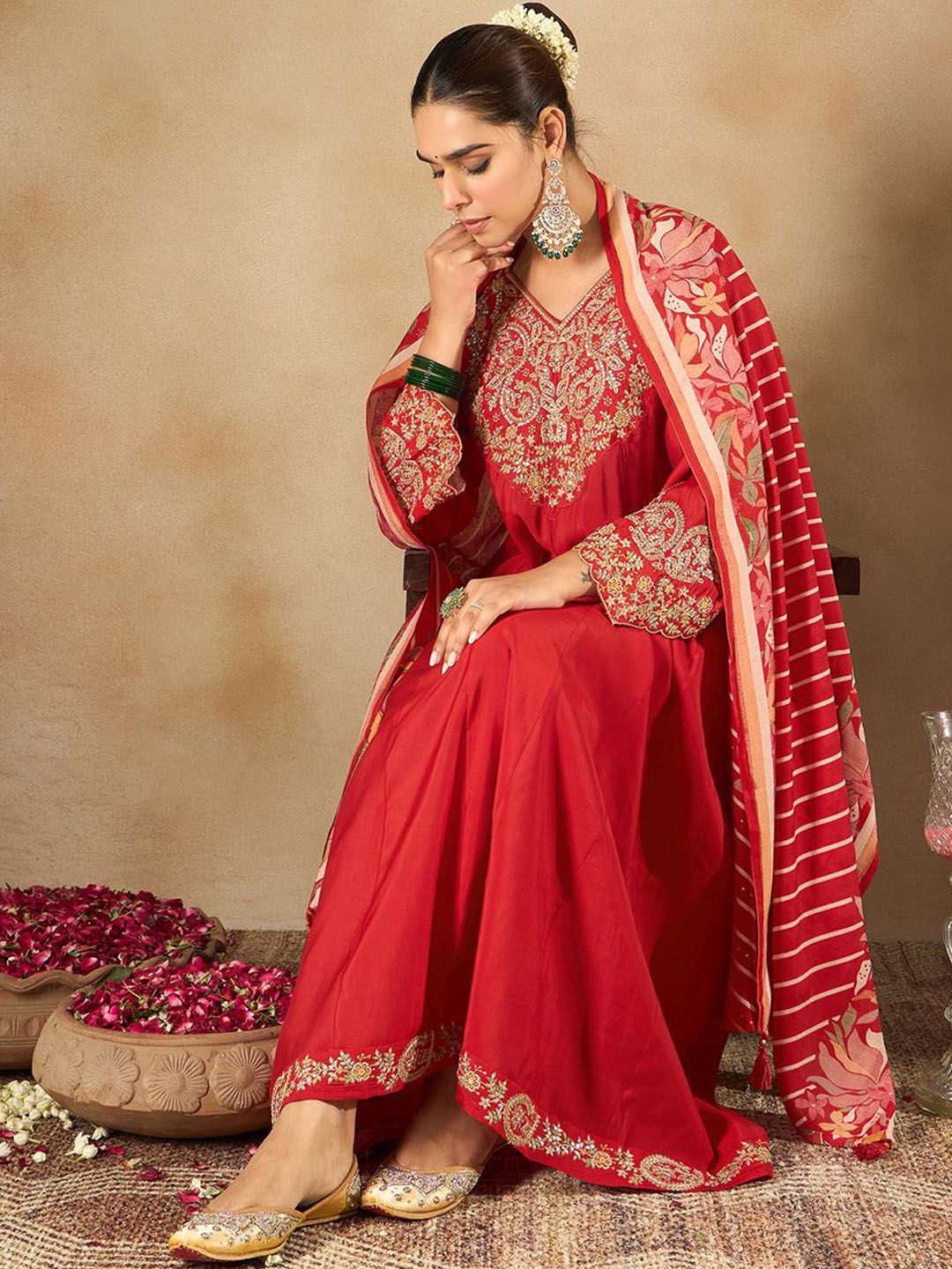 Dhiyona IE Women Ethnic Motifs Embroidered Empire Kurta with Trousers & Dupatta