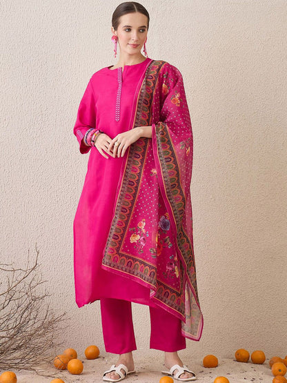 Dhiyona IE Floral Yoke Design Notch Neck Thread Work Straight Kurta With Trousers & Dupatta