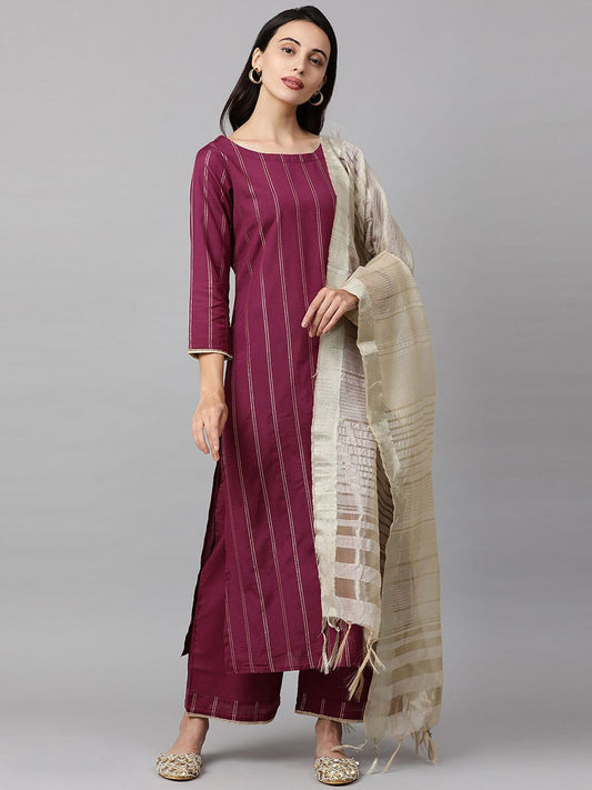 Dhiyona IE Women Magenta & Beige Striped Kurta with Palazzos & Dupatta