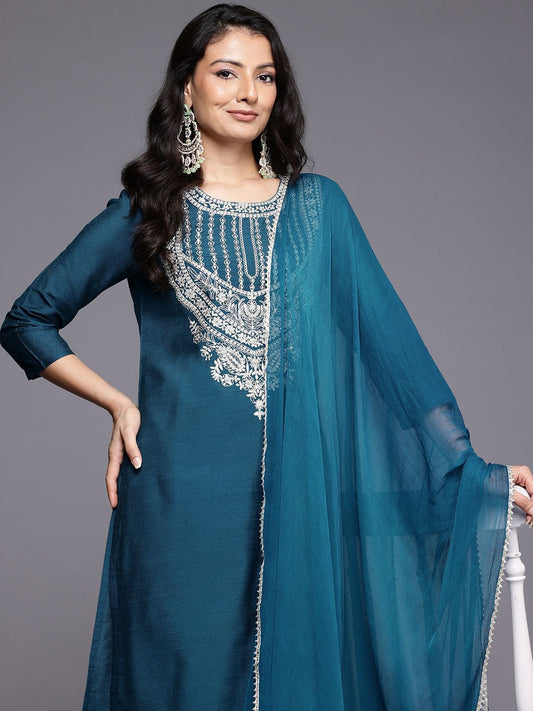 Dhiyona VA Women'sEthnic Motifs Embroidered Zari Kurta With Trousers & Dupatta