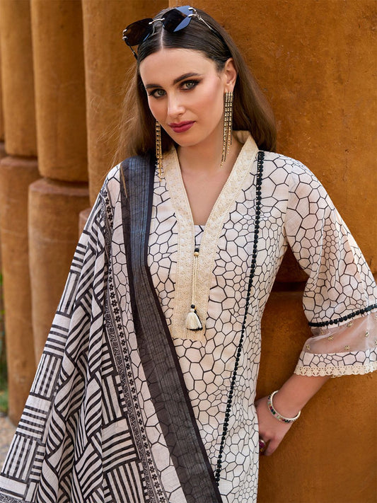Dhiyona IE Women Printed Regular Thread Work Pure Cotton Kurta with Trousers & With Dupatta