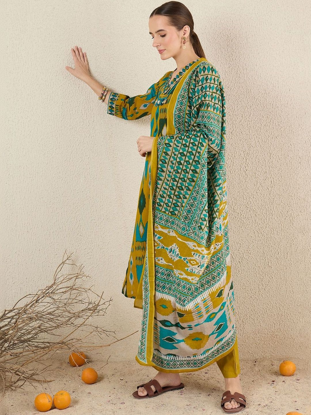 Women Ethnic Motifs Printed Regular Thread Work Pure Cotton Kurta with Trousers & With Dupatta