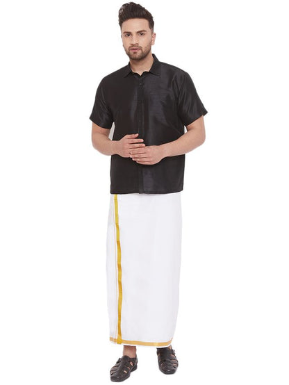 Men's Black Silk Blend Straight Shirt And Mundu