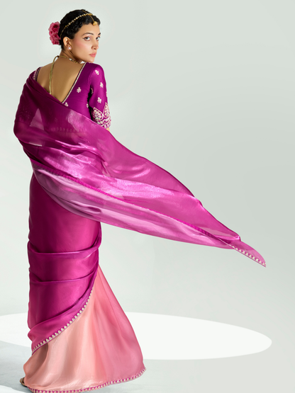 Dhiyona KM Women Wine Shade Organza Saree