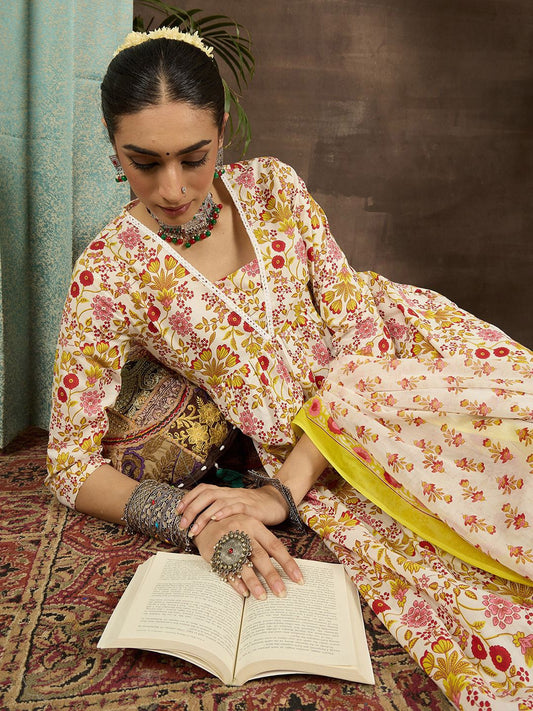 Dhiyona IE Women Floral Printed Pleated Pure Cotton Kurta with Trousers & With Dupatta