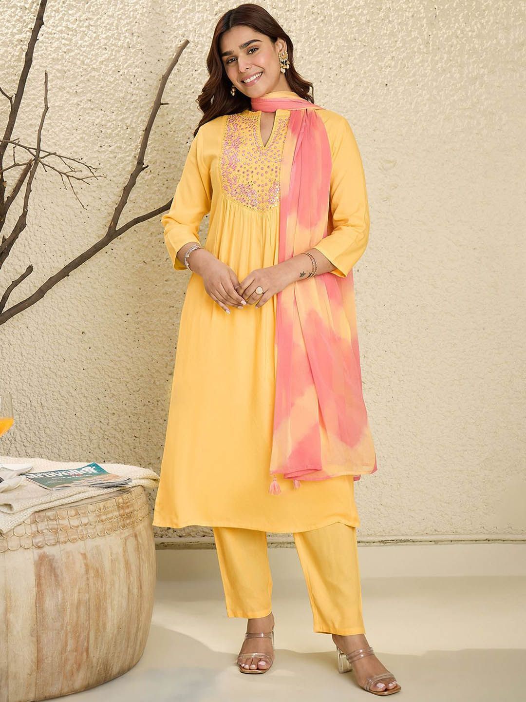 Dhiyona IE Floral Embroidered Mirror Work Pure Cotton A-Line Kurta With Trousers & Dupatta