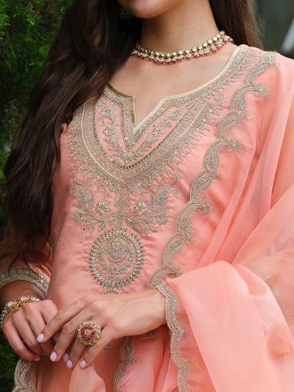 Dhiyona IE Floral Yoke Design Notch Neck Straight Kurta With Trousers & Dupatta