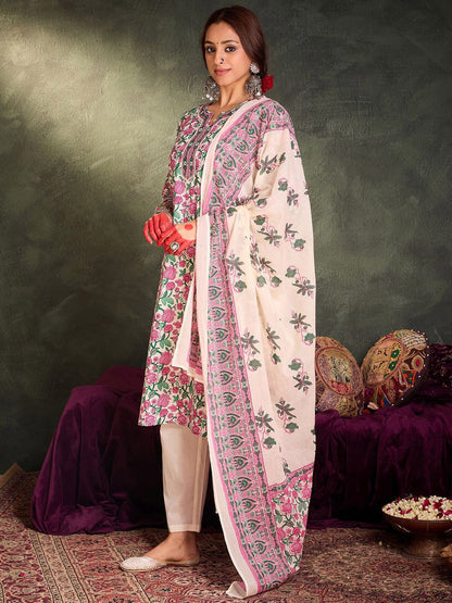 Dhiyona IE Floral Printed Pure Cotton Straight Kurta With Trousers & Dupatta