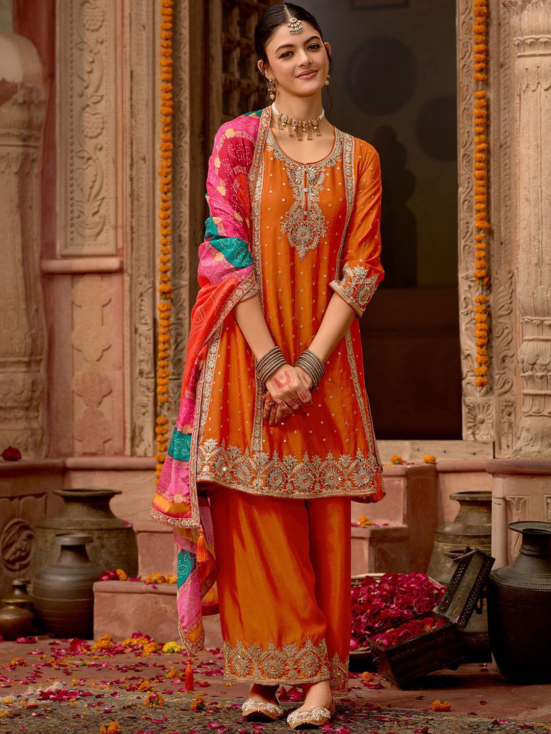 Dhiyona IE Floral Embroidered Panelled Mirror Work A-Line Kurta With Palazzos & Dupatta