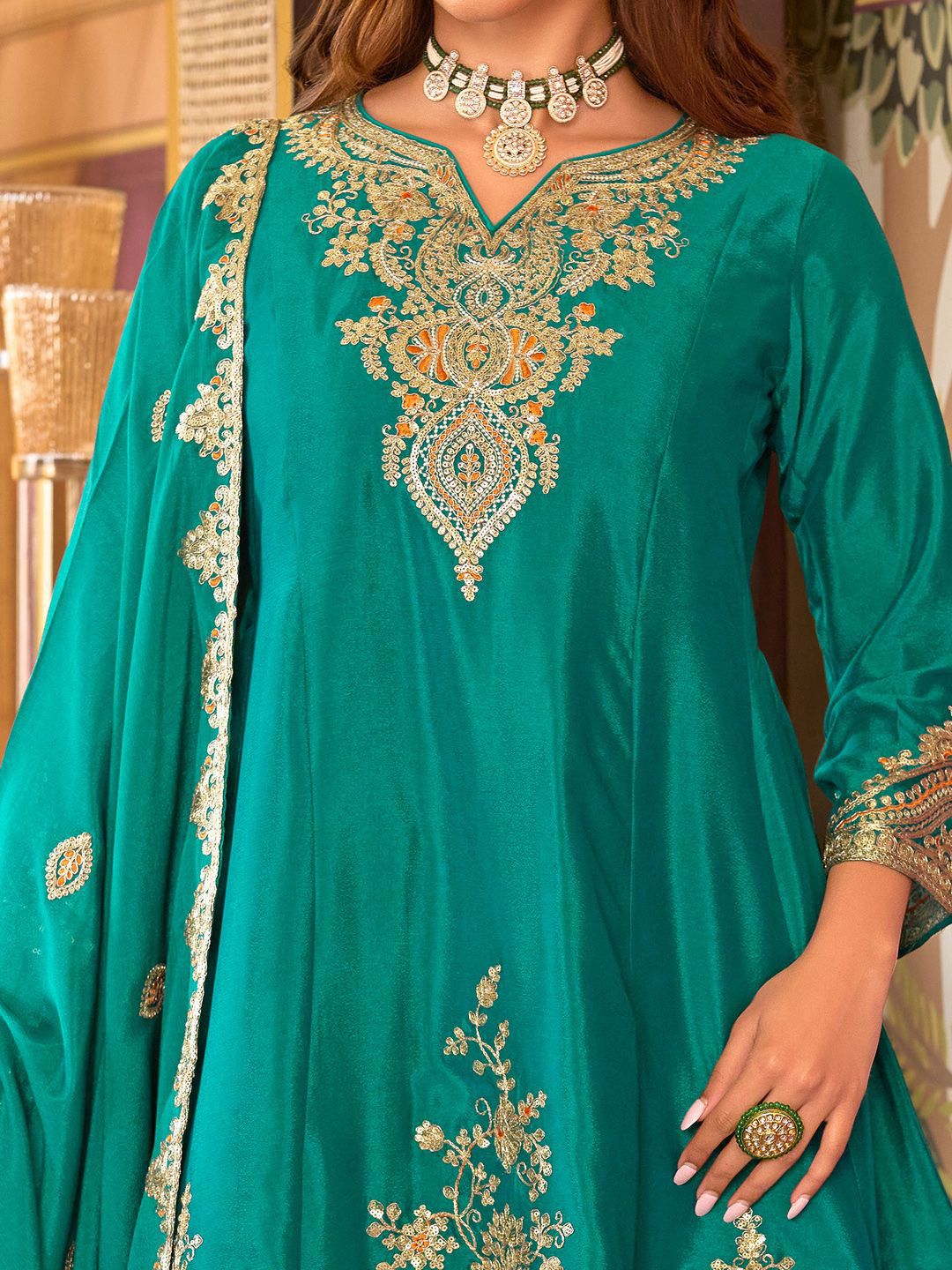 Floral Embroidered Sequinned Chinon A-Line Kurta With Palazzos & Dupatta