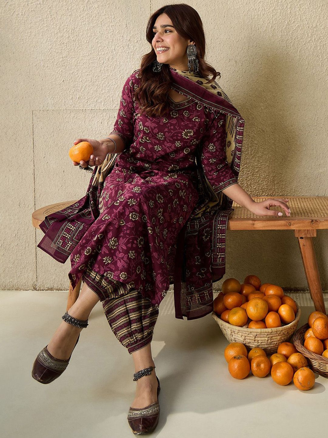 Dhiyona IE Floral Printed V Neck Pure Cotton Kurta With Salwar & Dupatta