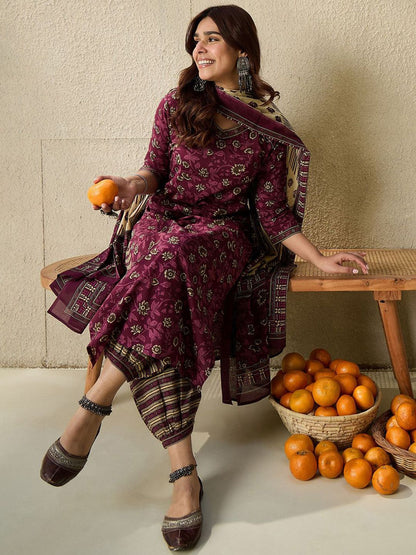 Floral Printed V Neck Pure Cotton Kurta With Salwar & Dupatta