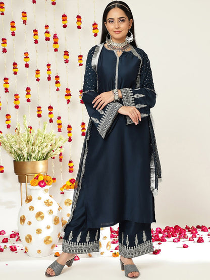 Dhiyona VA Women'sEthnic Motifs Zari Embroidered Regular Kurta With Trousers & With Dupatta