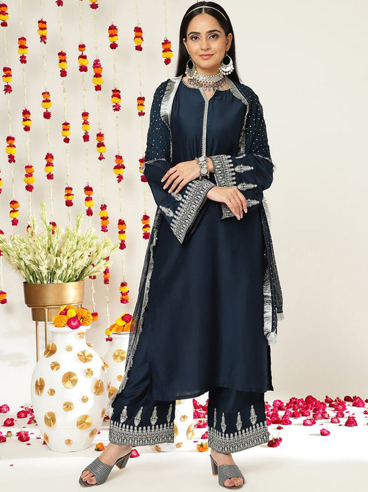 Dhiyona VA Women'sEthnic Motifs Zari Embroidered Regular Kurta With Trousers & With Dupatta