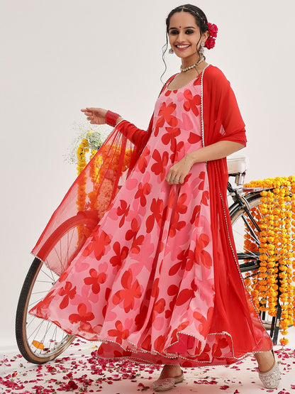 Dhiyona VA Women's Floral Printed Gotta Patti Silk Georgette Kurta with Palazzos & With Dupatta