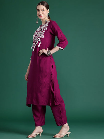 Embroidered Mirror Work Kurta With Trousers & Dupatta