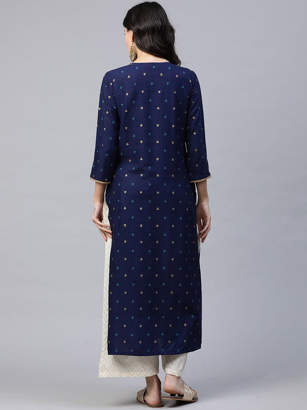 Dhiyona IE Women Blue & Gold-Toned Printed A-Line Kurta