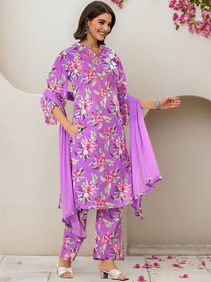 Dhiyona IS Women's Floral Printed Pure Cotton Kurta with Trousers & Dupatta