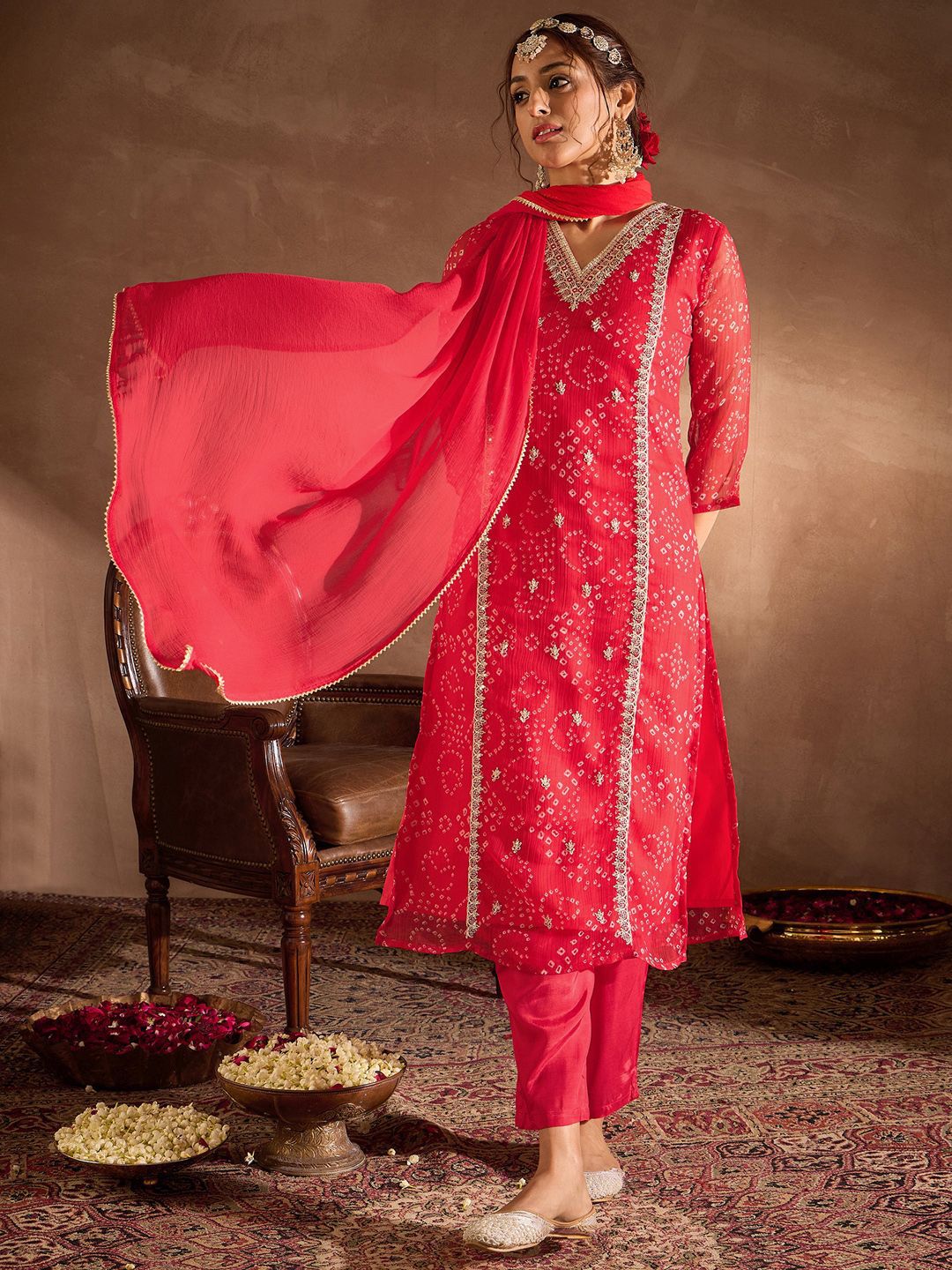 Dhiyona IE Bandhani Printed V-Neck Zari Silk Chiffon Straight Kurta With Trousers & Dupatta