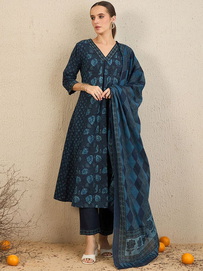 Dhiyona IE Floral Printed Pure Cotton Kurta With Trousers & Dupatta