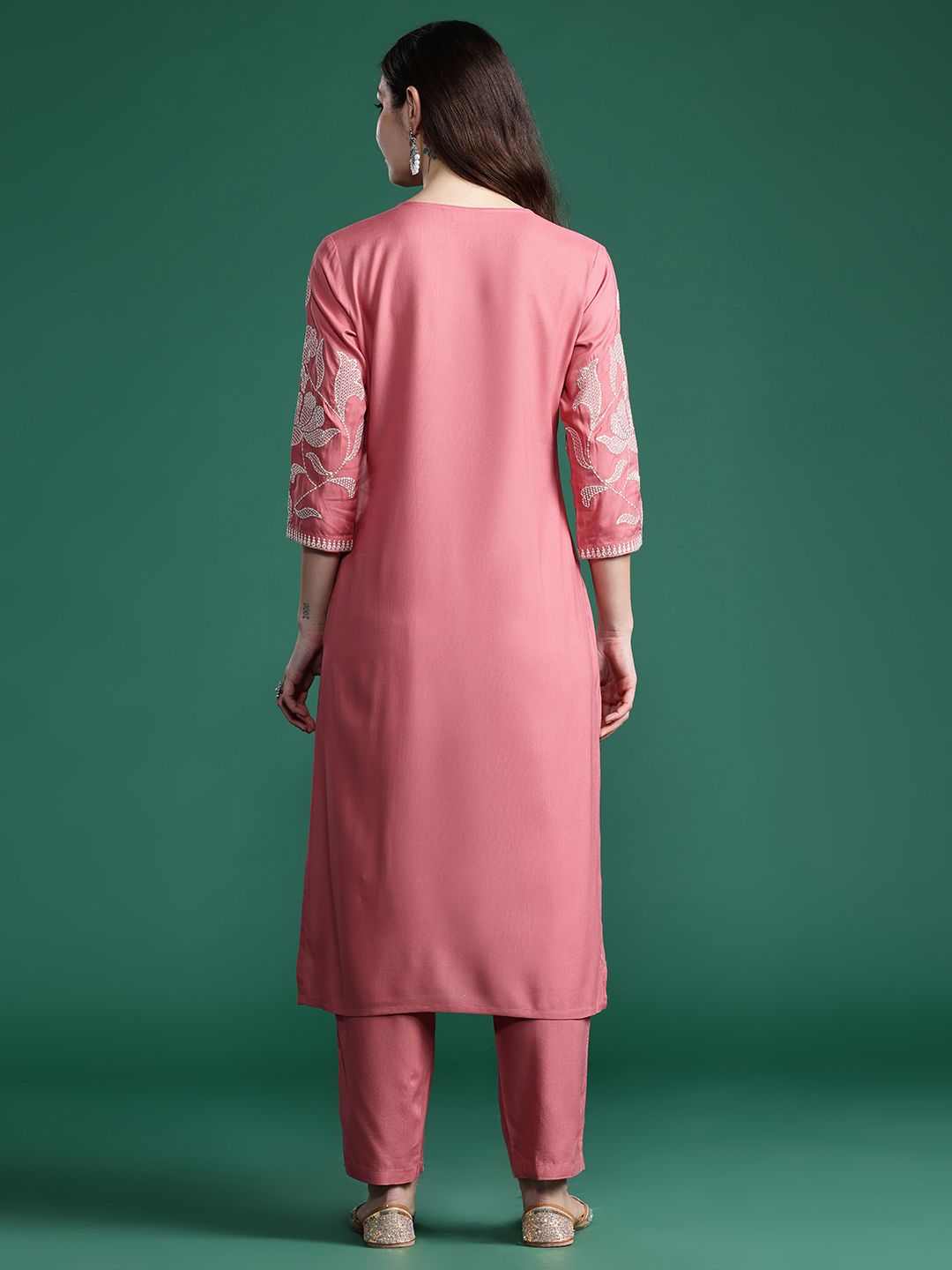 Dhiyona IE Floral Embroidered Sequinned Pure Cotton Kurta with Trousers