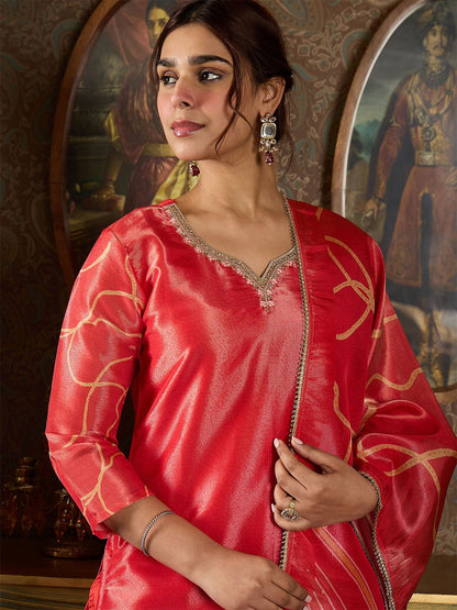 Dhiyona IE Floral Printed V-Neck Sequinned Straight Kurta With Trousers And Dupatta