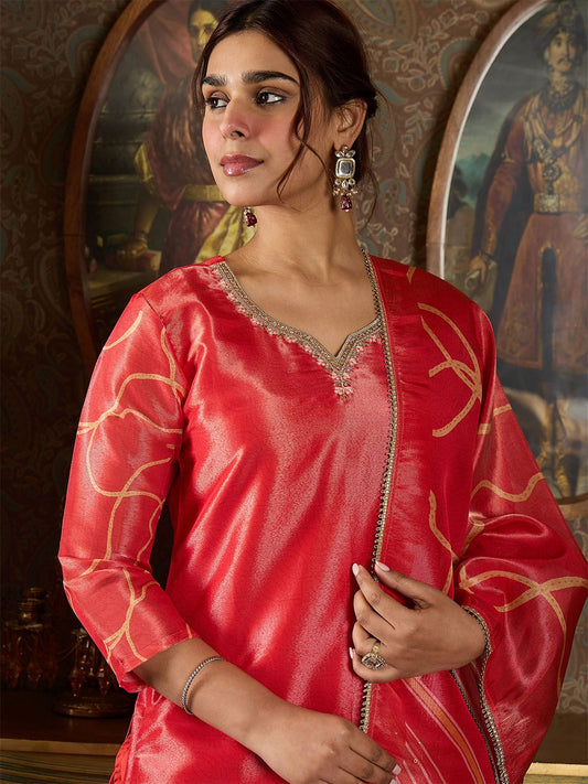 Dhiyona IE Floral Printed V-Neck Sequinned Straight Kurta With Trousers And Dupatta