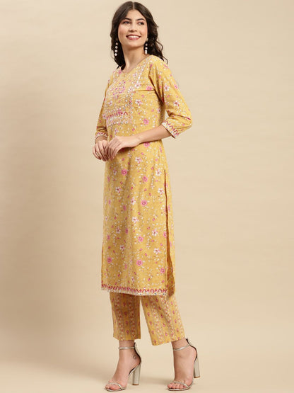 Dhiyona SN Women's Yellow & Pink Floral Printed Pure-Cotton Straight Kurta With Trouser & Dupatta