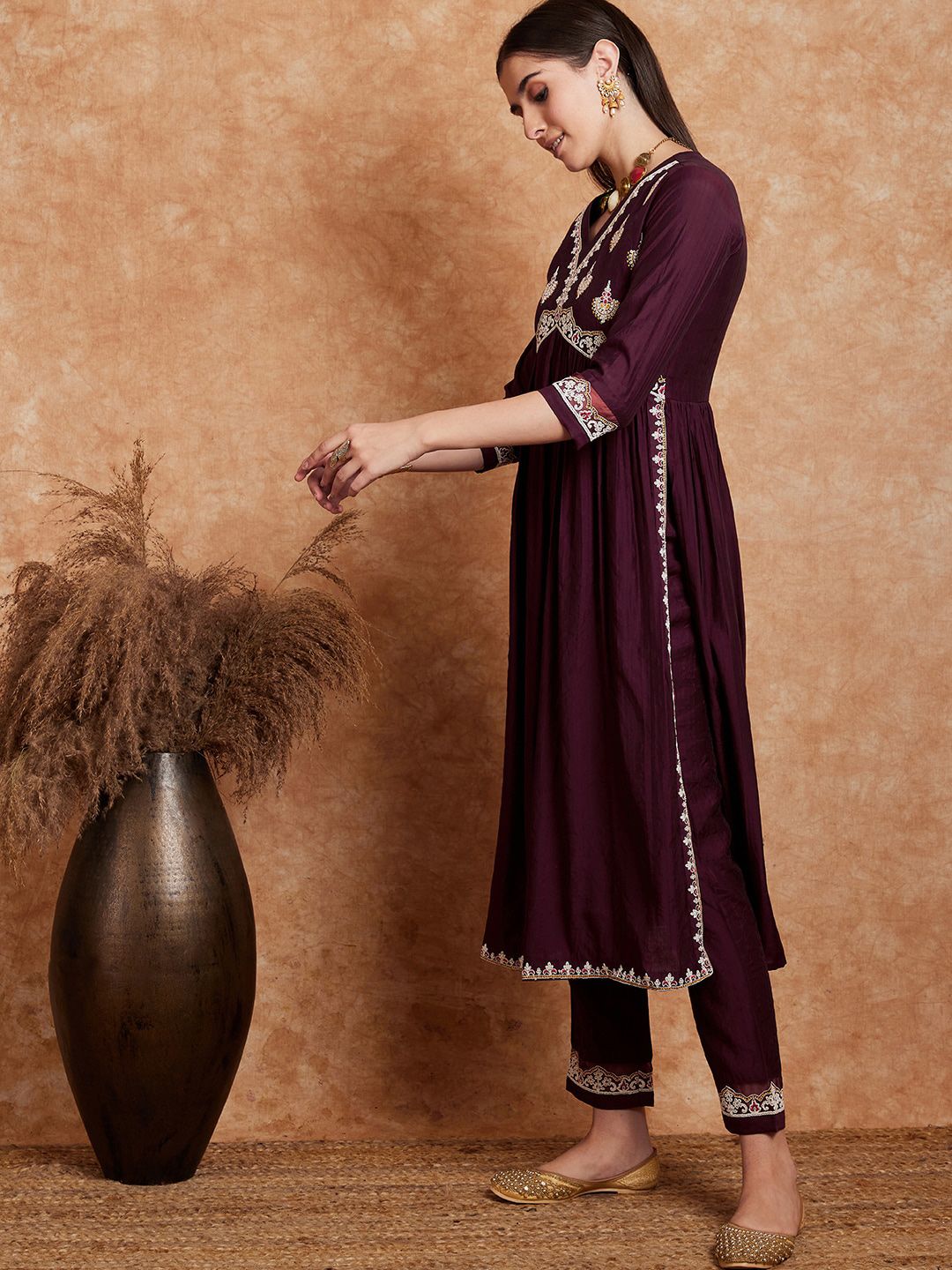 Dhiyona SN Women's Alia Cut Ethnic Motifs Embroidered A-Line Kurta With Trouser