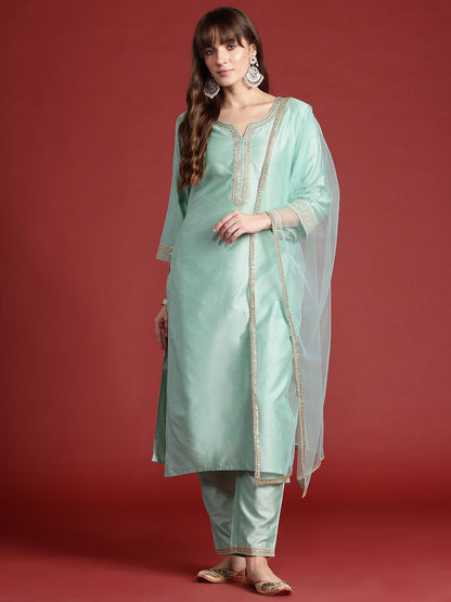 Dhiyona IE Embroidered Sequinned Kurta With Trousers & Dupatta