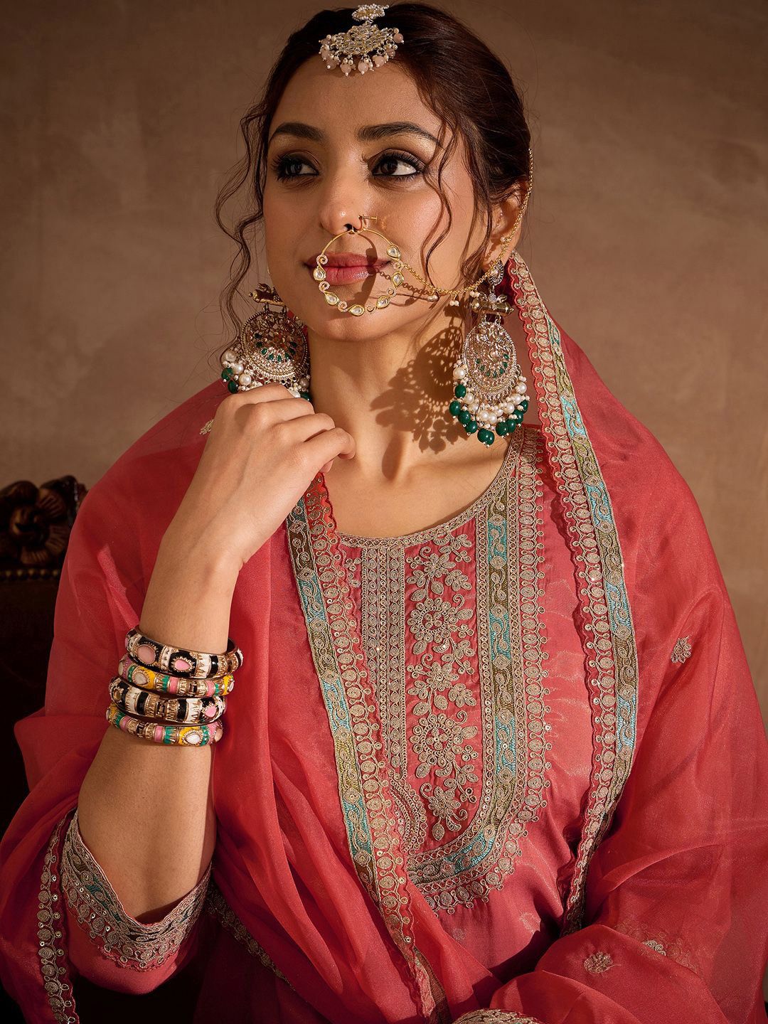 Floral Yoke Design Thread Work Straight Kurta With Trousers & Dupatta