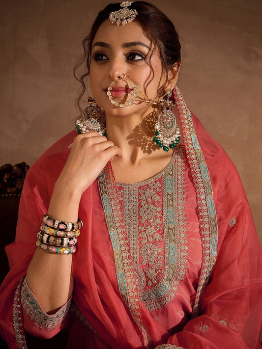 Floral Yoke Design Thread Work Straight Kurta With Trousers & Dupatta