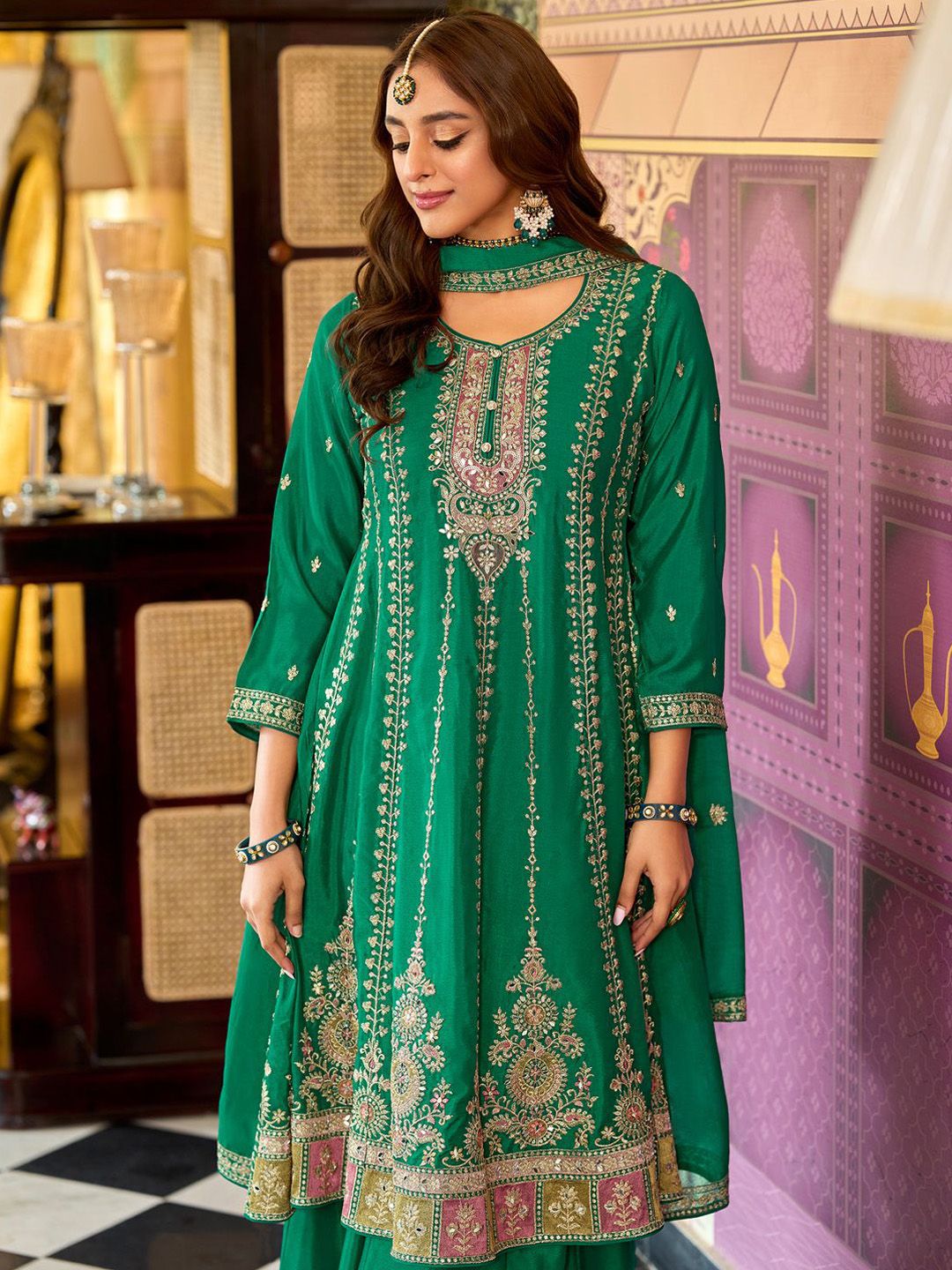 Floral Embroidered Mirror Work Round Neck Anarkali Kurta With Palazzos & Dupatta