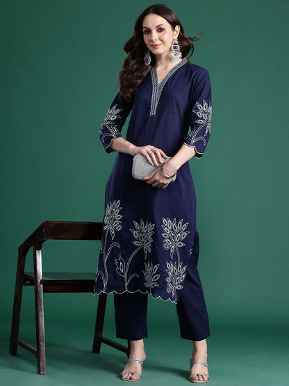 Floral Embroidered Pure Cotton Kurta with Trousers
