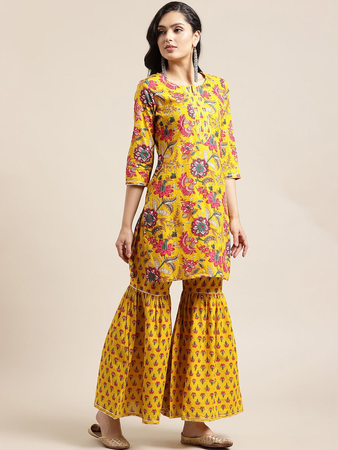 Dhiyona VA Women's Yellow Floral Printed Straight Pure Cotton Kurta & Sharara With Dupatta