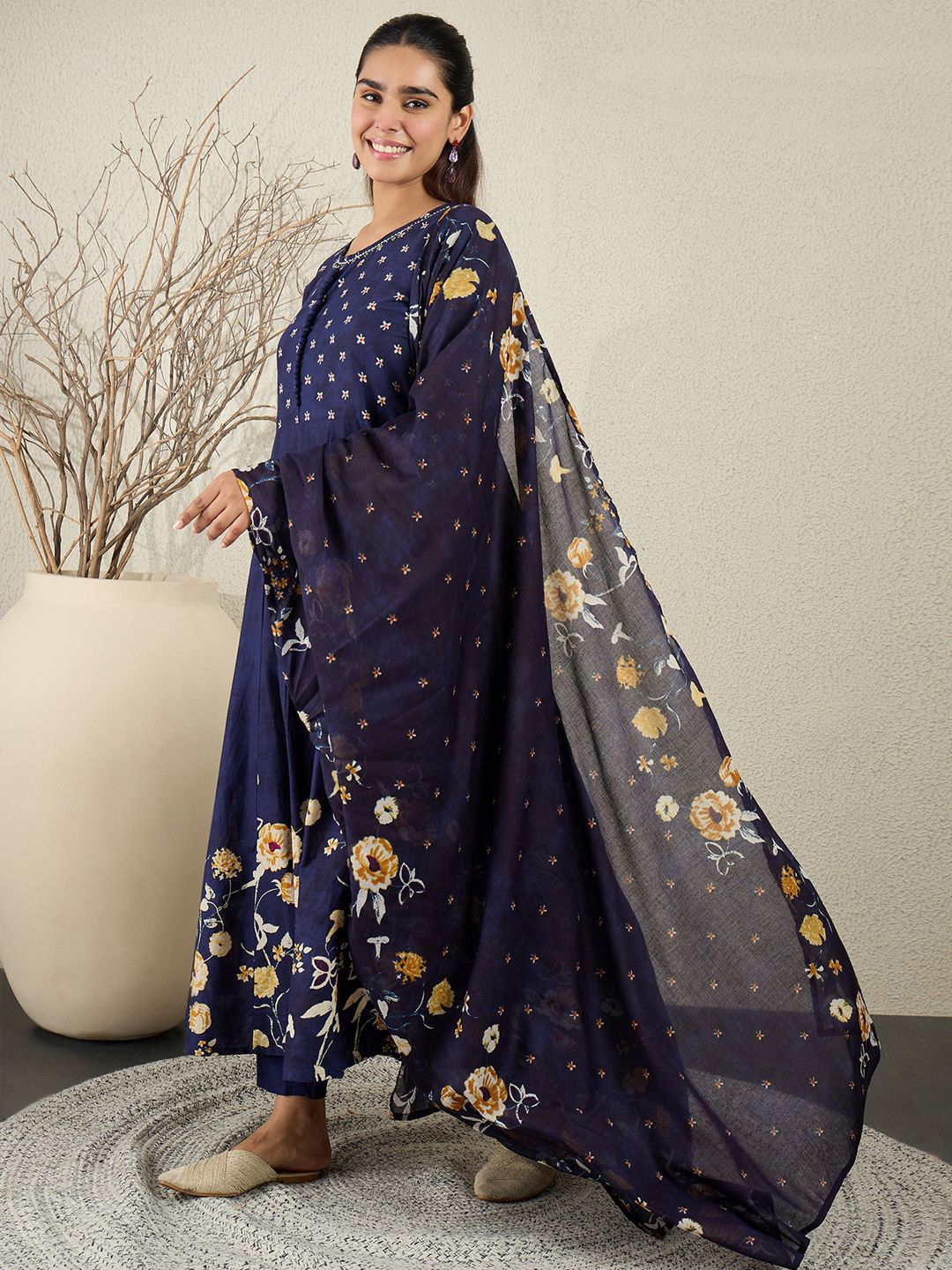 Women Floral Printed Anarkali Pure Cotton Kurta with Trousers & With Dupatta