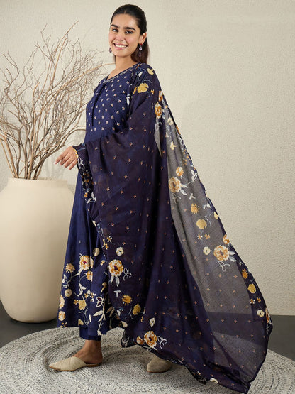 Women Floral Printed Anarkali Pure Cotton Kurta with Trousers & With Dupatta