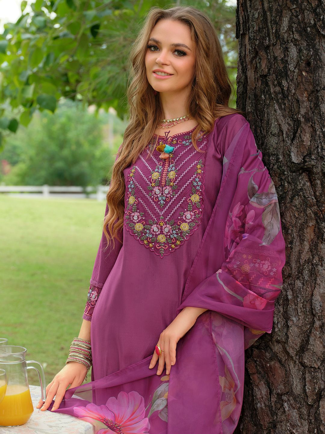 Dhiyona IE Floral Embroidered Thread Work Tieup Neck A-Line Kurta With Trousers & Dupatta